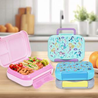 Caja de almuerzo Bento con diseño de dibujos animados - Contenedor de almuerzo grande de 1200 ml - 3-5 compartimentos, a prueba de fugas, asa portátil, apta para microondas y lavavajillas