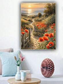 5D Diamond Painting Kit - Peaceful Coastal Path, Full Round Diamonds, Acrylic Mosaic Cross Stitch Set, Sunset And Red Poppy Field Scene, Ideal Home And Wall Decor Gift, 7.87x11.81 Inches, New Diamond Painting Kit