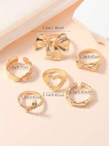 6pcs Set Rhinestone Snake Ring, Bow And Heart Shaped Knuckle Rings, Suitable For Women's Daily Casual And Party Wear Valentines,Mom,Mother,Mother's Day,Gift