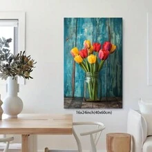 Rustic Tulips Canvas Print,  Colorful Bouquet In A Glass Jar,  Weathered Blue Wood Background,  Floral Wall Art