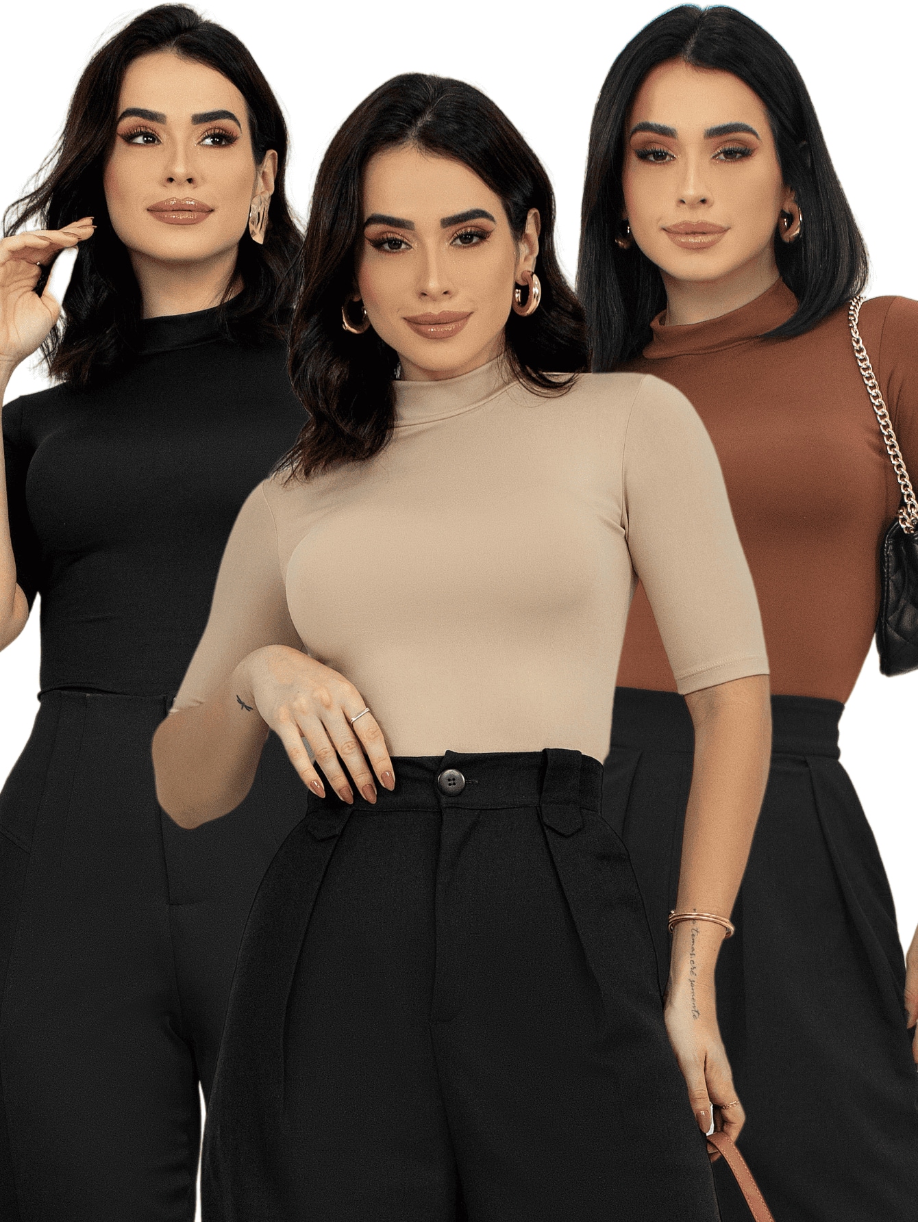 Kit 3 Blusa Gola Alta Madri Manga T-shirt Feminina Elegante Casual Trabalho Viagem Kit 3 Blusa Gola Alta Madri Manga T-shirt Feminina Elegante Casual Trabalho Viagem