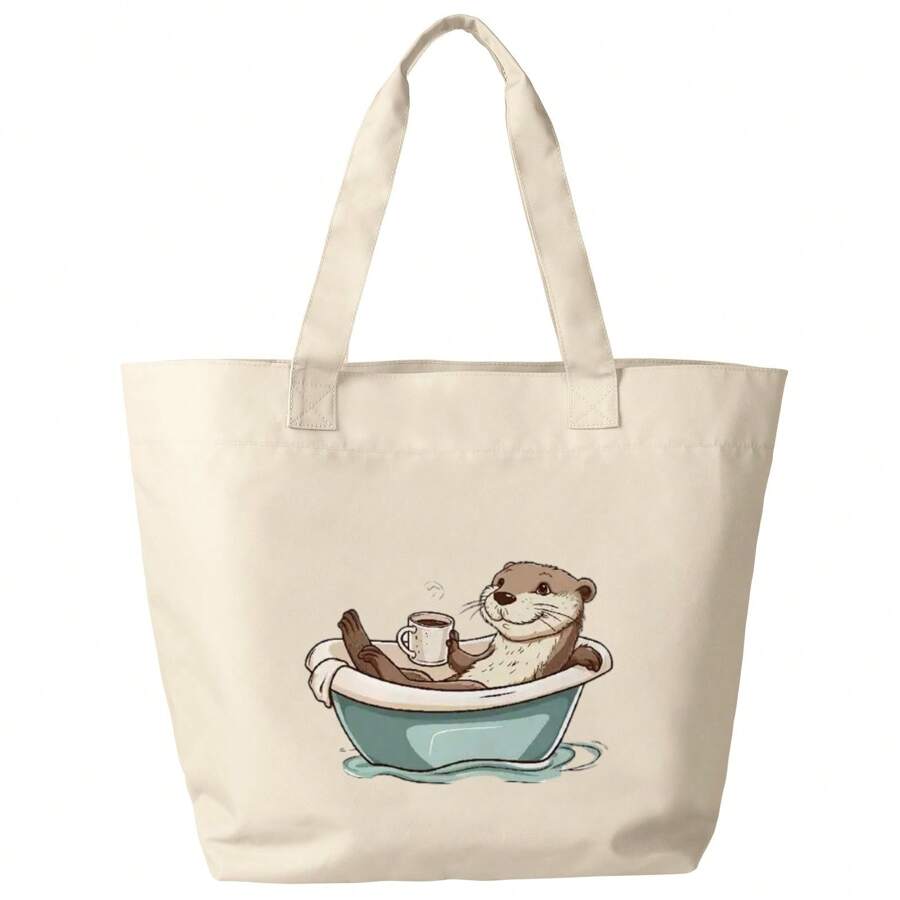 Cartoon Cute Otter Print Handbag, Simple Oxford Cloth Tote Bag, Lightweight Travel Shoulder Bag, Large Capacity Shopping Handbag - Yellow - View 1