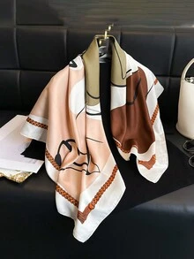 1 Pc Simple Color Block Printed Silk Scarf Twill Scarf Versatile Large Square Scarf Sunshade Shawl Headscarf Women Hijab Lightweight Shawls Gift - Multicolor - View 10