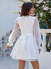 Simplee Women's Solid Color Long Sleeve Lace Mesh Patchwork Mini Dress, Elegant Party Dress, Suitable For Music Festival, Wedding Guest, Birthday Occasion