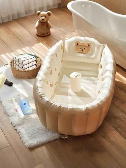 1个PVC充气婴儿浴盆，卡通图案，加厚材质，内置充气装置，儿童沐浴玩耍盆，可折叠，节省空间