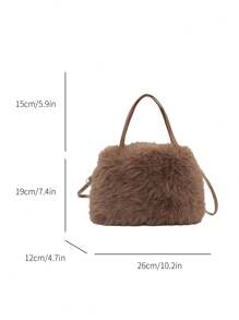 时尚毛绒横款方形毛绒包，都市简约磁扣开口大容量日常手提包斜挎包 - 咖啡棕 - 查看 8