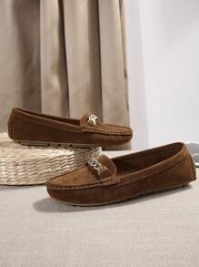 Fashion New Comfortable Casual Metal Chain Decor Women's Flat Shoes, Outdoor Lightweight Soft Bottom Fabric Slip-On Low-Top Slip-On Sandals, Summer Beach Vacation Solid Color Round Toe Simple Suede Brown Loafers - Brown - View 3