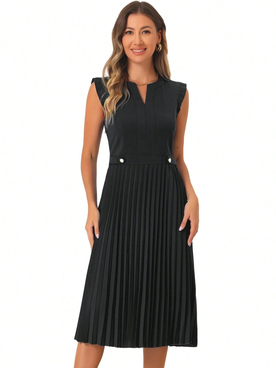 Women's Summer Dress Elegant Sleeveless V Neck A-Line Pleated Flowy Midi Dress - 黑色 - 查看 1
