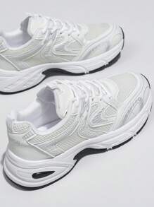 New Women Casual Sneakers, Chunky Sneakers, Shoes, White Shoes, Lace-Up Round Toe Mixed Material Breathable Versatile Printed Graffiti College Style Student Outdoor Hiking Casual Commuting Shoes