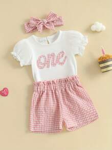 Baby Girls 1st Birthday Outfits Letter One Short Puff Sleeve Romper With Plaid Print Shorts And Headband Infant Girl First Birthday Outfits - 粉色 - 查看 2