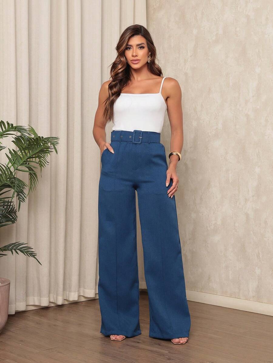 Women's Linen Material Trousers With Belt - Dark Wash - View 1