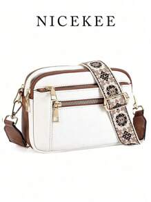 Telena 女士斜挎包，小巧时尚，采用纯素皮革制成，配有可调节肩带，欧美配色方案，多功能拉链斜挎包，方形包型，适合外出、约会、购物等场合。 - 白色 - 查看 1