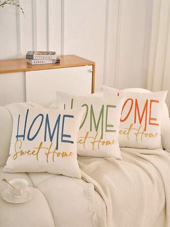 1件米色“家，甜蜜的家”刺绣抱枕套，适合家居装饰和客厅装饰，四季皆宜（不含枕芯）