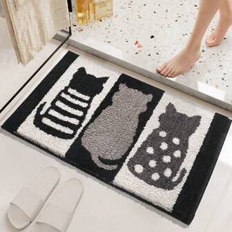 1pc Cute Black And White Cat Pattern Quick-Drying Absorbent Bathroom Doormat, Non-Slip And Super Soft Bathroom Floor Rugs, Doormat, Bathroom Water Absorption Mat, Machine Washable, Low Pile, TPR Backing, Knit Fabric, For Bathroom, Bedroom, Kitchen, Entryway, Indoor & Outdoor Use, Bathroom Accessories & Decor Home Bathroom Decor Floor Carpet Outdoor Rug Door Mat Fall Decor Back To School Entryway Decor
