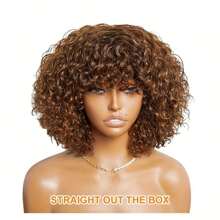 Human Wigs Curly Wig With Bangs Brazilian Virgin Human Hair No Lace Front Wigs Brown Highlight 4/27 Human Wig ,Natural Color - S4/27 - View 11