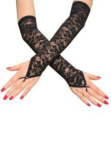 1 Pair Ditsy Floral Elegant Polyester Sheer Fingerless Gloves With Rhinestones, Breathable & Lightweight For Casual, Party, All Seasons