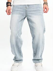 Men's Loose Straight Leg Jeans, Korean Fashion Casual Straight Cut Solid Color Wide Leg Pants - Rửa nhẹ - Xem 3