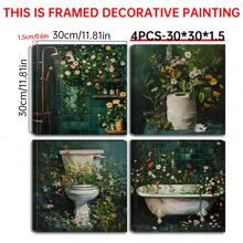 4pcs Wooden Framed Botanical Bathroom Wall Art | Floral Bathroom Wall Decor, Wild Flower Bathroom Print, Farmhouse Canvas Decor, Deep Green Print, Melancholy Plants, Floral, Vintage Painting, Bathroom Decor Gift, Birthday, Graduation - Multicolor - View 14