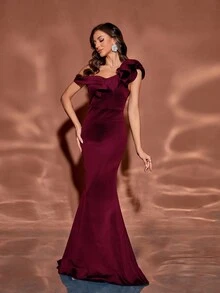 Women Ruffle Trim Asymmetrical Shoulder Fitted Elegant Mermaid Hem Gown Dress For Wedding, Banquet, Party, Wedding Guest Dress, Formal Dress, Evening Dress