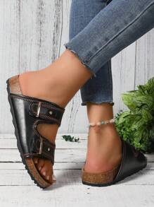 Sandalias tipo chanclas con correa vintage para mujer, pantuflas con suela gruesa y de fácil deslizamiento, nuevo estilo 2024 - Negro - Ver 4