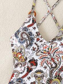 Summer New Fashion Women One-Piece Swimsuit, Floral Retro Print Backless Criss-Cross Strap Beach Vacation Casual Sexy Ladies Swimwear - Multicolor - View 5