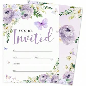 12pcs Purple Butterfly Invitation Cards With Envelopes, Watercolor Floral Butterfly Birthday Party Invitations, Bridal Shower, Housewarming, Birthday And Coming Of Age Party Invitations, Theme Party Decorations, Suitable For Party, Birthday Invitation (5.3in X 7.3in)