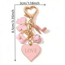 NXQXN Pink Mini Bag & Cosmetics Charm Keychain Ladies Key Ring - Metal Round Love Theme Keyring With Flowers & Heart Decor, Single Individual Piece, Wedding Festival Special, Ring Buckle Decorative Bag Pendant Gift - B - 查看 5