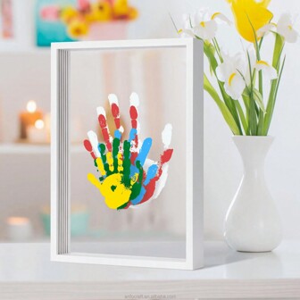 1 Pc DIY Home Handprint Kit - Hand And Footprint Kit, Shadow Box Frame - DIY Art Printed Wooden Frame, Wooden Memory Keepsake Display Box, No Electricity Required, Includes 4 Pieces Of Clear Acrylic Sheets For Home Decoration, Living Room, Bedroom, Living Room, School , Office, Desktop Decoration, Gift For Family, Lovers And Friends