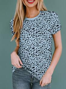 Women's Casual Versatile All-Over Print Round Neck Short Sleeve T-Shirt - Dusty Blue - View 2