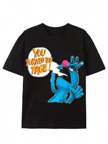 1 Piece, A Retro Nostalgic Monster At The End Of This Book. The Monster T-Shirt You Turn The Page On Is Interesting. It Is A Round Neck High Street Pure Cotton Short Sleeved T-Shirt, A Fashionable Pattern T-Shirt, A Printed T-Shirt, And A High-End Feel Pure Cotton T-Shirt - Black - View 1