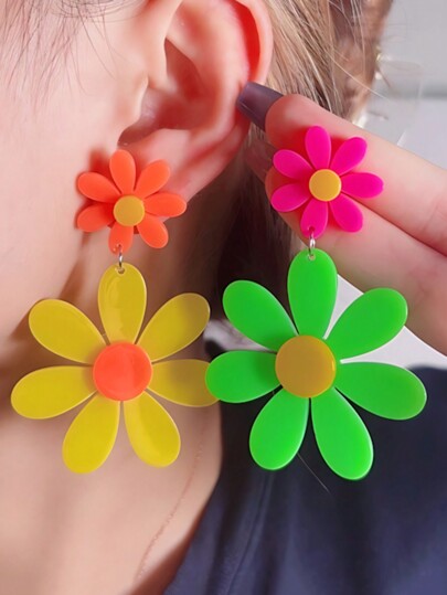 1 Pair Vacation Style Neon Color Block Sunflower Resin Women Earrings