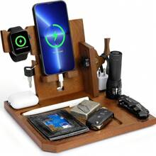 OneTigris Nightstand Organizer, Christmas Gifts For Men Dad Husband Boyfriend Wife Women, Wood Phone Docking Station, Desk Organizer With Gun Rack Watch Stand Key Holder Wallet Tray - Rust Brown - View 2