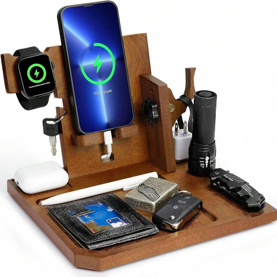 OneTigris Nightstand Organizer, Christmas Gifts For Men Dad Husband Boyfriend Wife Women, Wood Phone Docking Station, Desk Organizer With Gun Rack Watch Stand Key Holder Wallet Tray