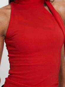 Women's High Neck Tank Tops Sleeveless Solid Color Slim Fitted Tops Summer Shirts - Red - View 6