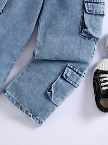 Ensemble de 2 pièces pour jeunes filles à la mode pour l'été: T-shirt sans manches de couleur unie et pantalon cargo en jean multi-poches