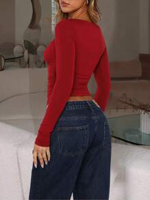 1 件女式纯色休闲 V 领长袖基本款上衣，春/秋