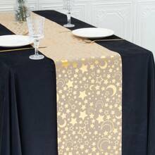 1pc Gold Linen 28*275cm Table Runner, Decorated With Lanterns, Crescent Moon, Gold Stars, Mosque, Greetings, Suitable For Home, Dinner Party, Festival Celebration - Solid Color - View 2
