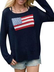 Women's Spring Autumn Knit Sweater Long Sleeve Crewneck Flag Print Loose Fitting Knitwear - Navy Blue - View 4