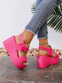 Sandal Platform Berujung Terbuka Warna Fuchsia Modis Serbaguna Hak Tinggi Wanita Anti Selip Ujung Terbuka Musim Panas Sol Tebal, Sepatu Pantai - Hot Pink - View 7