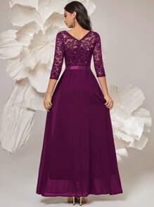 Women's Elegant Sequin Floral Lace Contrast Chiffon Pleated Hem Maxi Dress, Ruched High Waist A-Line Silhouette, Perfect For Easter, Mother Day, Formal Party, Wedding Guest, Evening , Anniversary - 紫紅色 - 查看 2