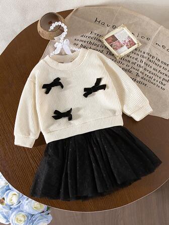 Set da 2 pezzi per bambine, in tessuto a nido d'ape con fiocco decorativo + gonna in rete a pois, adatto per primavera e autunno