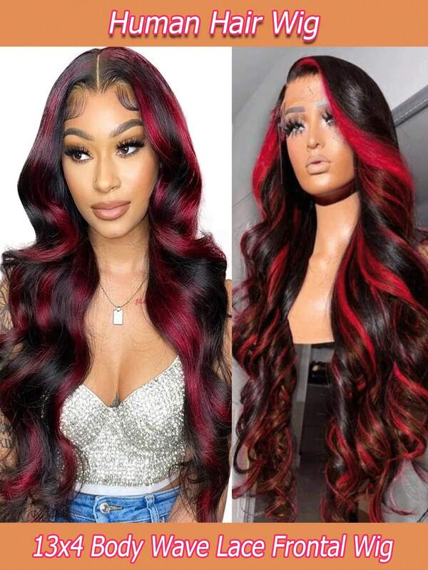 Perucas de cabelo humano com ondas corporais 32 34 polegadas, destaque vermelho, perucas frontais de renda para mulheres, cabelo remy brasileiro 13x4, perucas transparentes de renda frontal HD, peruca de cabelo humano