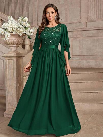 MIUSOL Elegant Sequin Floral Lace Butterfly Sleeve Chiffon Formal Party Maxi Dress, Wedding Guest Dress, Evening Dress