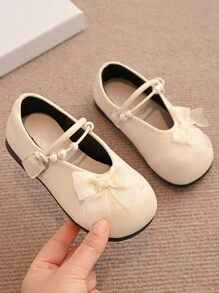1 双米色儿童平底鞋，女童钩环蝴蝶结简约休闲鞋，户外夏季儿童鞋 - 米色 - 查看 1