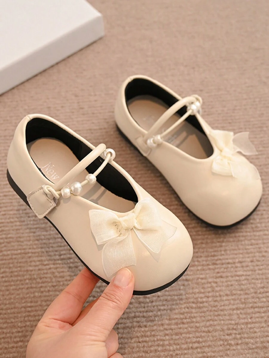 1 双米色儿童平底鞋，女童钩环蝴蝶结简约休闲鞋，户外夏季儿童鞋 - 米色 - 查看 1