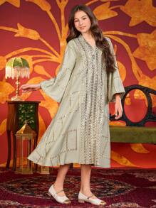 Tween Girls' Arabic Sequin Robe - Green - View 8