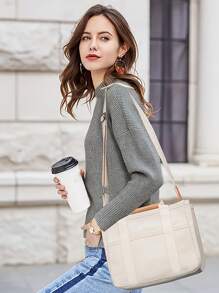 Large Capacity Multi Pocket Shoulder Bag With Compartment, Versatile Handbag With Handles, Black