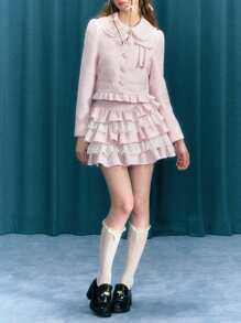 Women Plaid Mini Skirts High Waist Lace Patchwork A-Line Skirts Layered Ruffle Skirts - 粉色 - 查看 4