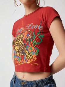 Women's Summer Slim Crop Tops Letter Tiger Pirnt Short Sleeve Round Neck Show Navel Baby Tee Streetwear - 紅色 - 查看 4