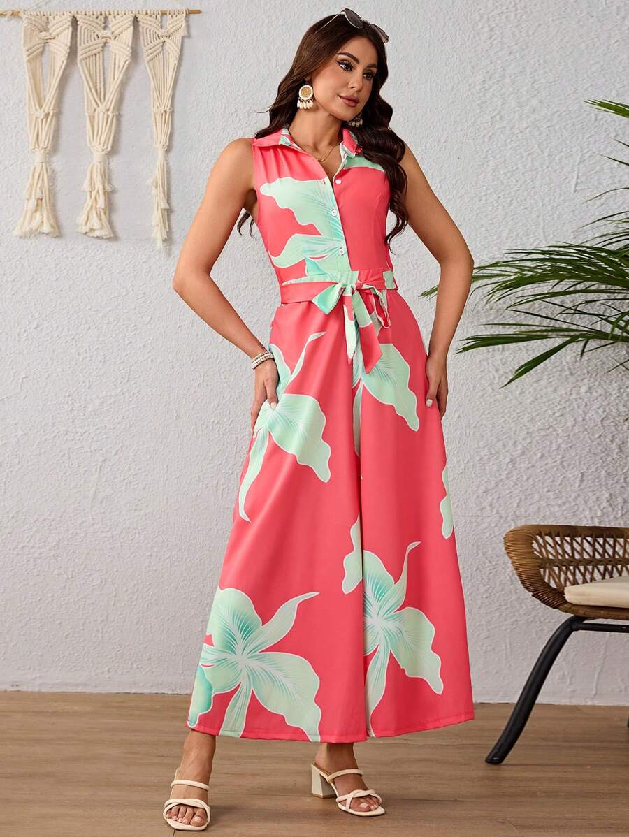 Elegante Mono De Piernas Anchas Con Cinturón Para Mujer,Mono Sin Mangas Con Media Tapeta De Botones y Solapa,Mono De Estampado De Flores De Verano